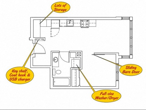 Floor plan for 1 bed, 1 bath, 519 sqft